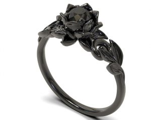 Floral black gold black diamond engagement ring