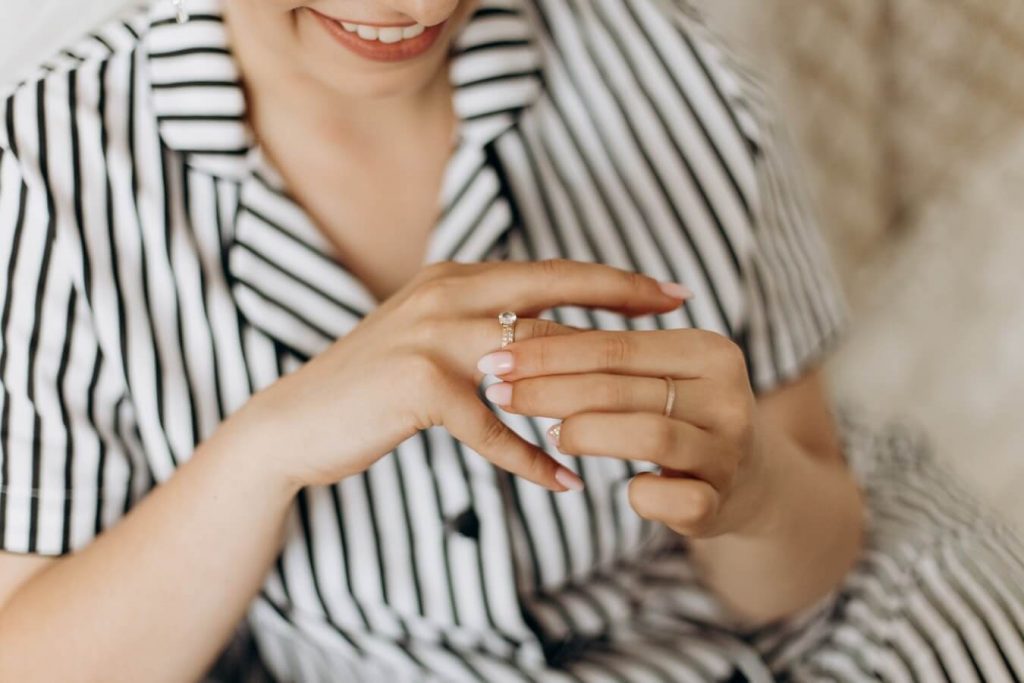 Bride wearing engagement ring on right hand