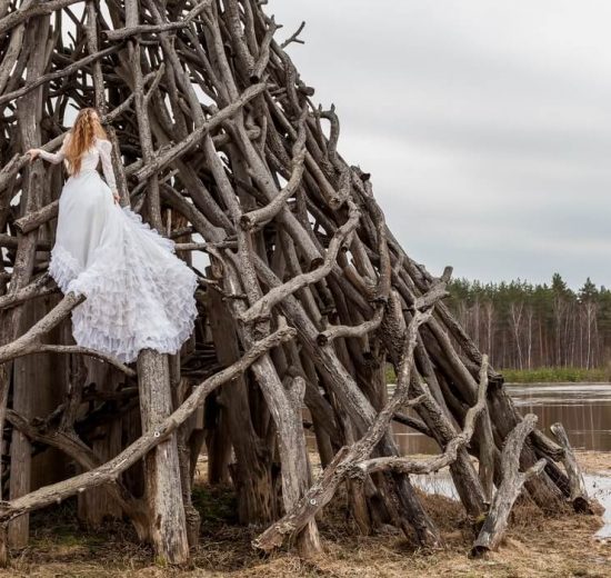 Bride with white long-length wedding dress