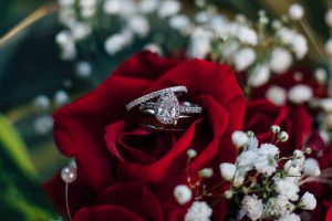 Eternity ring and pear shaped engagement ring