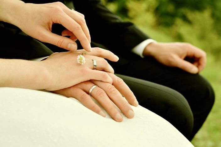 Couple wearing wedding ring holding hand closeup