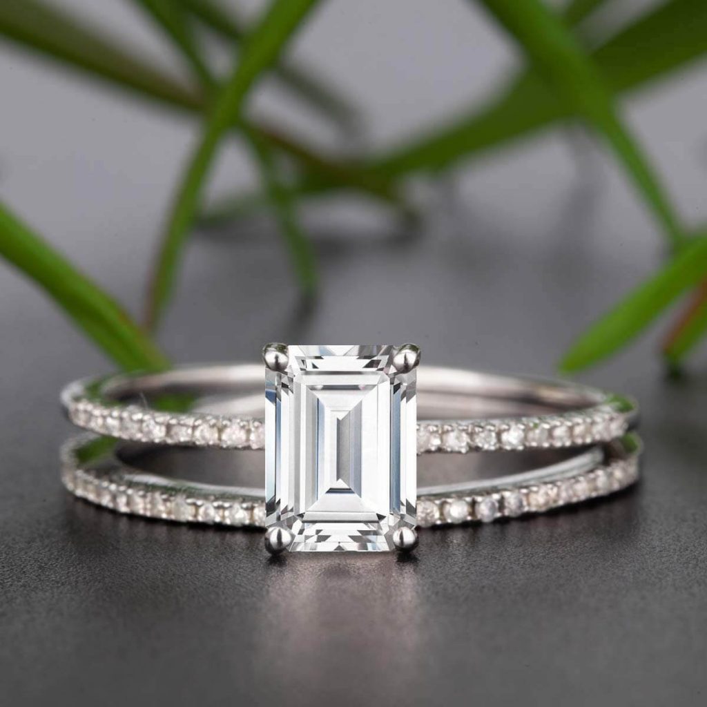 Emerald cut moissanite engagement ring