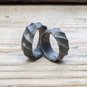 Unique damascus matching wedding rings
